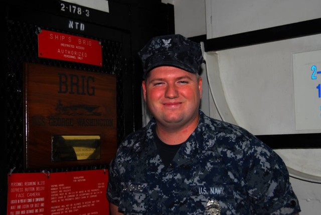 Master of Arms Second Class Nicholas Blanchard is stationed abourd the USS George Washington, and helps with security both in on the ship and in the South China Sea.