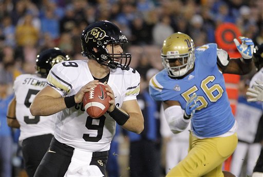 Colorado quarterback Tyler Hansen (9) looks to 
pass during against UCLA. (AP Photo/Jae Hong)