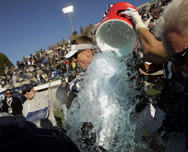 Utah State Aggies head coach Gary Andersen gets
showered with Gatorade after beating Nevada
making USU bowl eligible. (Deseret News)