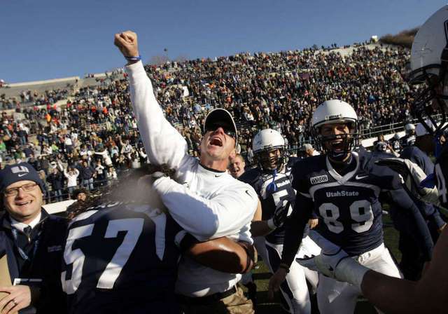 Utah State Aggies head coach Gary Andersen
celebrates beating Nevada in Logan Saturday,
Nov. 26, 2011. USU is now bowl eligible.
(Deseret News)