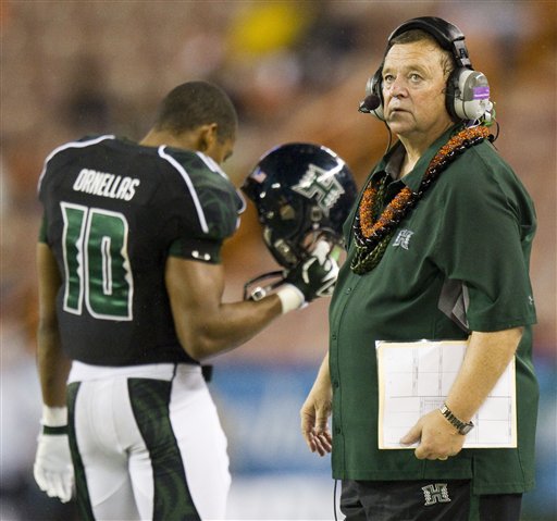 Hawaii head coach Greg McMackin glances at the 
score board against Tulane. (AP Photo/Eugene 
Tanner)