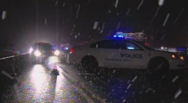 The scene after the accident, showing the snowy, difficult conditions in which the couple and the 911 caller were driving.