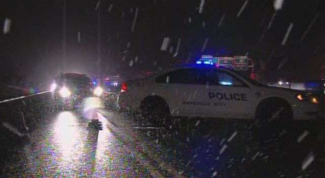 The scene after the accident, showing the snowy, difficult conditions in which the couple and the 911 caller were driving.