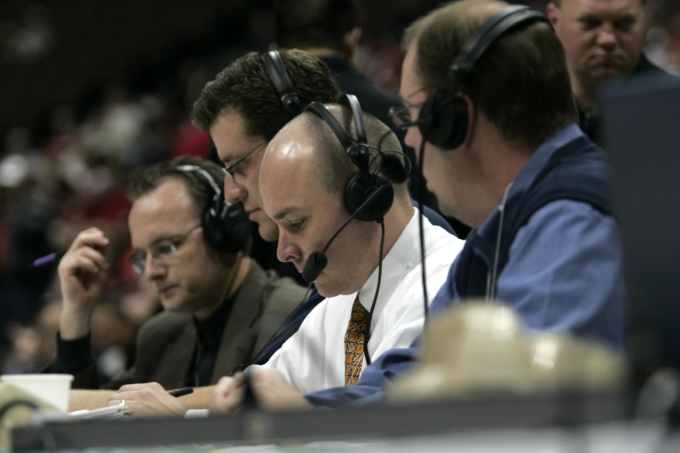Mark Durrant, right, sits next to Greg Wrubell 
during a BYU basketball broadcast.
