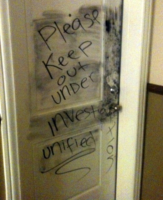 Fidencio Ulibarri, 28, allegedly wrote these words on the door of an apartment he was in the process of robbing. He also allegedly pretended to be an officer to a resident of the apartment complex, and has a previous conviction for impersonation an officer.
