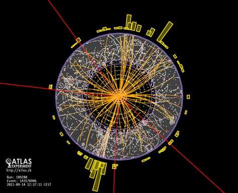 This shows one of the events seen at the ATLAS experiment. It shows two Z bosons decaying into two muons (the four red lines). One way for the Higgs boson to decay is into two Z bosons, which is what CERN scientists are so excited.