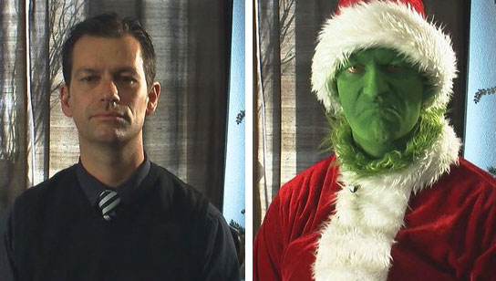 Before and after shot of Roger Hullinger as the Grinch.