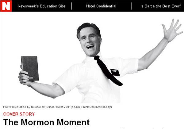 Mitt Romney, a member of the LDS faith, appeared on the cover of Newsweek as a caricature based on the popular Broadway play "The Book of Mormon."