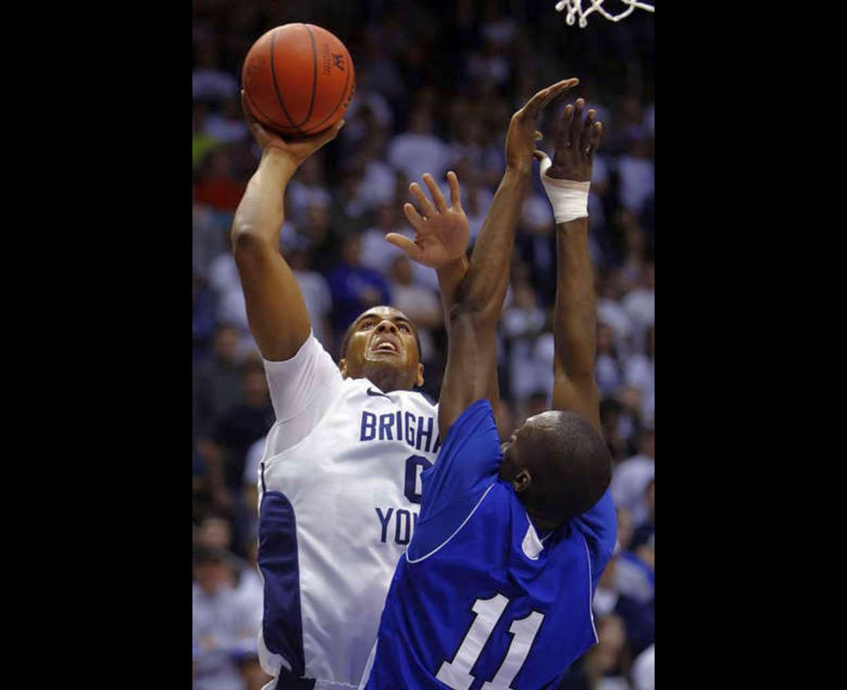BYU center Brandon Davies scores against CS San
Marcos (Deseret News)