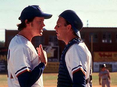 Nuke LaLoosh and Crash Davis having a
conversation on the mound in "Bull Durham."