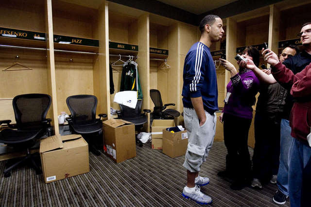 Utah Jazz player Devin Harris speaks to the
media in the Jazz locker room. (Photo/Laura
Seitz, Deseret News)