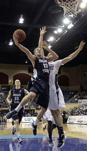 Brigham Young's Brock Zylstra (13) shoots over
San Diego's Dennis Kramer. (AP Photo/Gregory
Bull)