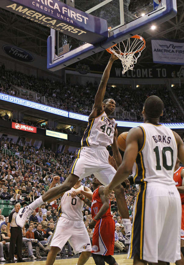 Utah's Jeremy Evans as the Utah Jazz defeat the Los Angeles Clippers 108-79 in NBA basketball Tuesday, Jan. 17, 2012, in Salt Lake City, Utah. (Tom Smart, Deseret News)