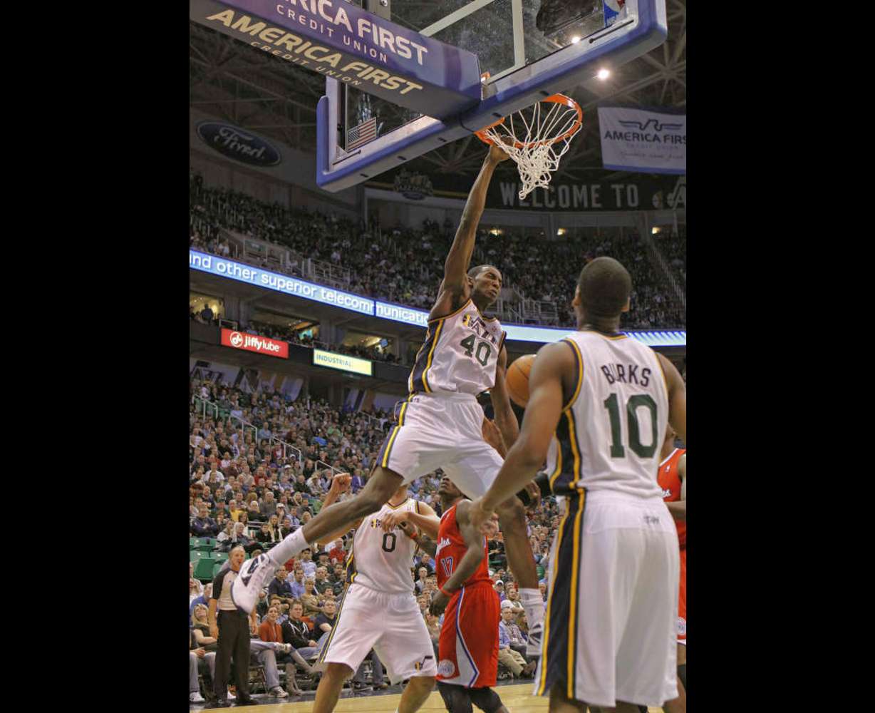 Utah's Jeremy Evans as the Utah Jazz defeat the Los Angeles Clippers 108-79 in NBA basketball Tuesday, Jan. 17, 2012, in Salt Lake City, Utah. (Tom Smart, Deseret News)