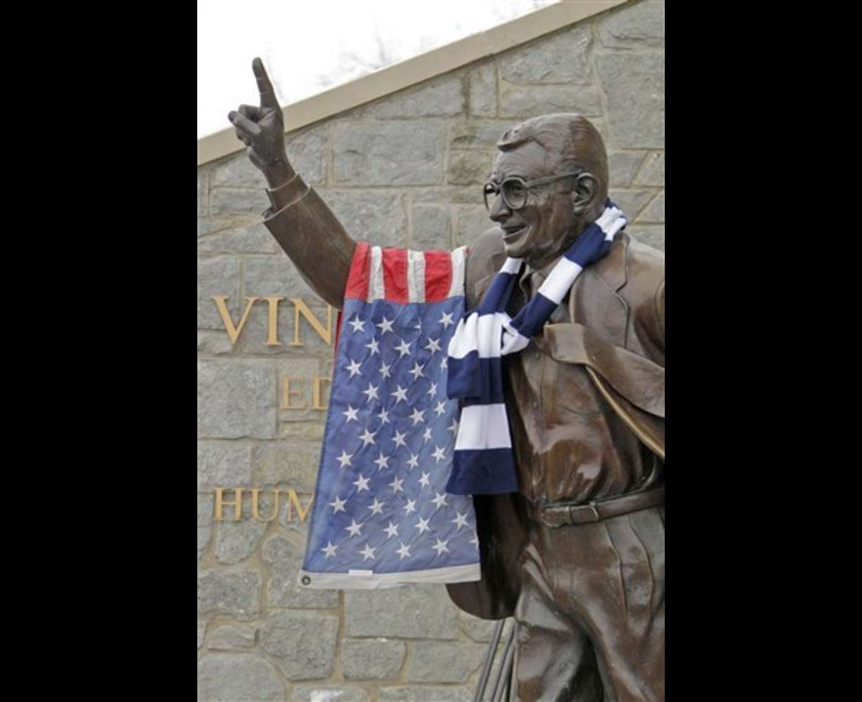 Penn State University agreed to an
unprecedented $60 million fine, a four-year ban
from postseason play and a cut in the number of
football scholarships it can award – the price
it will pay for having looked the other way
while Jerry Sandusky brought boys onto campus
and molested them.