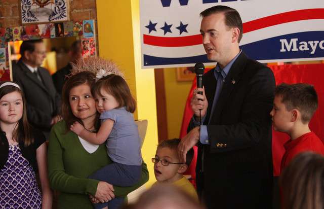 West Valley City Mayor Mike Winder, along with his wife Karyn and children Jessica, Grace, John and Michael, announces his run for Salt Lake County mayor during a kickoff in Salt Lake City Tuesday, Jan. 24, 2012. (Jeffrey D. Allred, Deseret News)