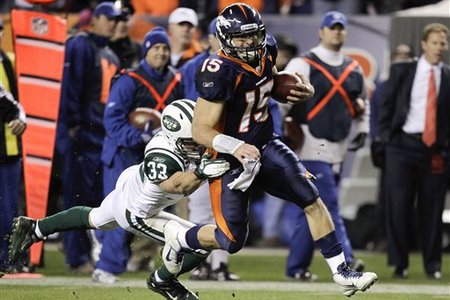 Tebow leads a game winning 95-yard drive
against the NY Jets (AP Photo/Julie Jacobson)