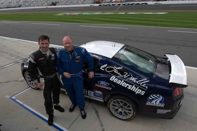 Ian James (left) and team owner Roger 
Miller drove the No. 158 Miller Racing Ford 
Mustang Boss 
302R to an 18th-place finish in the season-
opening round 
of the Grand-Am Continental Tire Sports Car 
Challenge 
series at Daytona International Speedway on 
January 27, 
2012. (Photo courtesy Miller Racing /Margie 
Gerard)