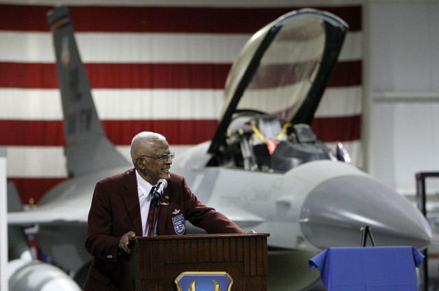Retired Air Force Lt. Col. James H. Harvey III, of the Tuskegee Airmen, speaks at Hill Air Force Base about his experiences, Thursday, Feb. 2, 2012. (Photo: Ravell Call, Deseret News)