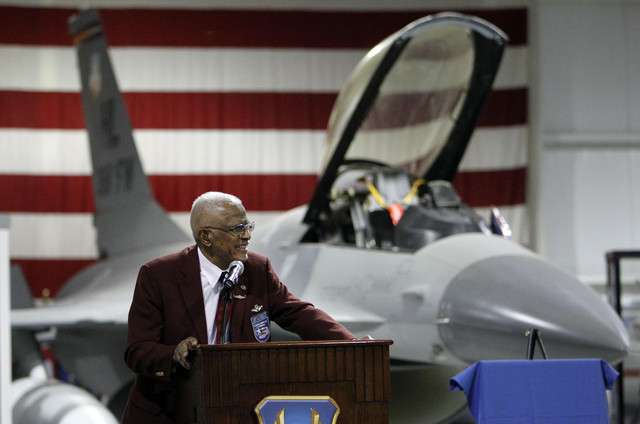 Retired Air Force Lt. Col. James H. Harvey III, of the Tuskegee Airmen, speaks at Hill Air Force Base about his experiences, Thursday, Feb. 2, 2012. (Photo: Ravell Call, Deseret News)
