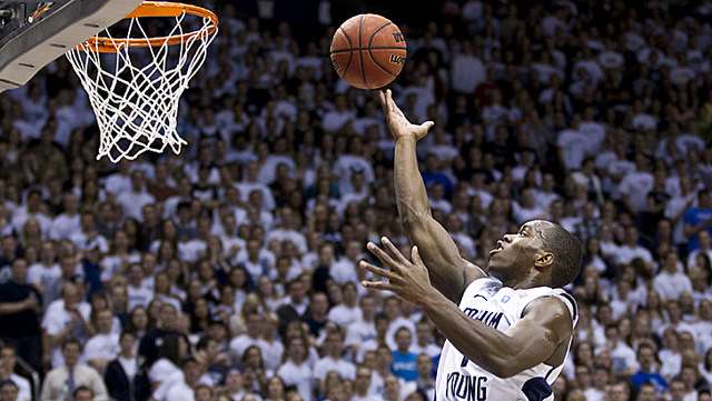 BYU's Charles Abouo goes for a layup.