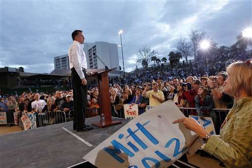 Republican presidential candidate Mitt Romney
speaks at a campaign rally in Mesa, Ariz.,
Monday, Feb. 13. (AP Photo/Gerald Herbert)