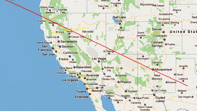 The red line indicates where the "Ring of Fire" will be best viewed May 20. Spots along I-15 and Highway 89 will offer extraordinary views.