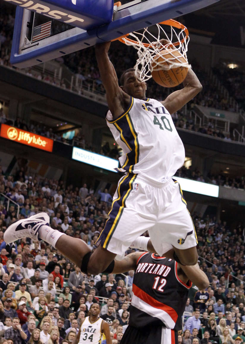 Utah Jazz forward Jeremy Evans (40) gets a dunk against the Portland Trail Blazers during the second half of an NBA basketball game Monday, Jan. 30, 2012, in Salt Lake City. The Utah Jazz won 93-89. (AP Photo/Jim Urquhart)