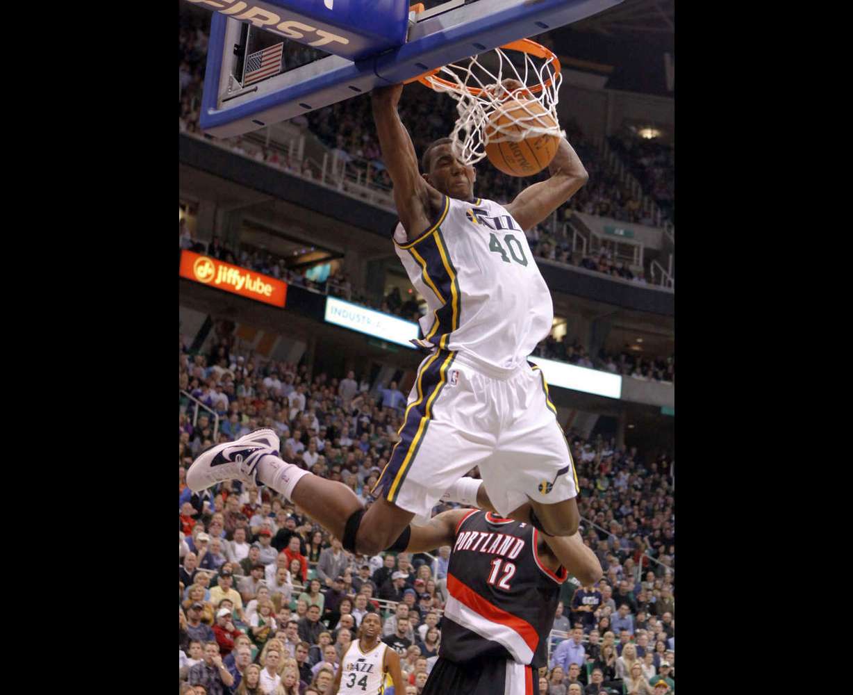 Utah Jazz forward Jeremy Evans (40) gets a dunk against the Portland Trail Blazers during the second half of an NBA basketball game Monday, Jan. 30, 2012, in Salt Lake City. The Utah Jazz won 93-89. (AP Photo/Jim Urquhart)