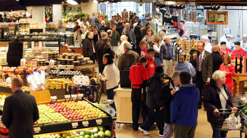 Grocery shoppers shop at the new City Creek Harmons store in downtown Salt Lake City.