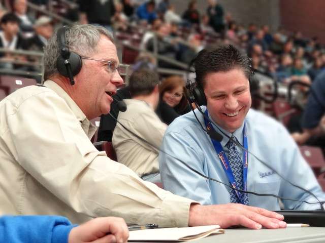Sports radio announcer John Yardley, left, and Rob Cuff, UHSAA executive director at the 1A basketball championships in Richfield, Friday, Mar. 2, 2012. (Photo: Sam Penrod)