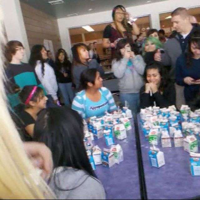 To show their support for the suspended
students, Briana Jimenez and several other
classmates staged a protest Friday by stacking
milk cartons on a lunch room table and
recording video of it.