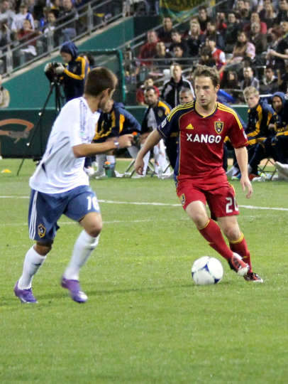 Ned Grabavoy (right) of Real Salt Lake battles
for control of the ball with Hector Jimenez of
Los Angeles Galaxy during a preseason training
game. (John Koluder, RSL Communications)