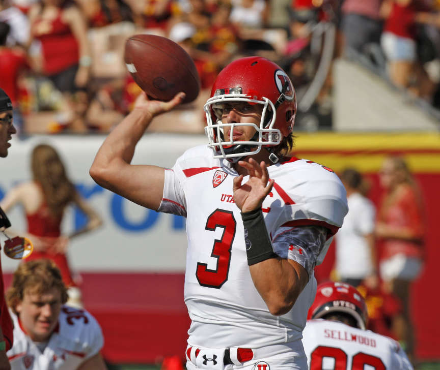 Utah Utes quarterback Jordan Wynn (3) warms up prior to the game as the University of Utah prepares to play USC at the Coliseum in the first ever Pac-12 game (Tom Smart, Deseret News)