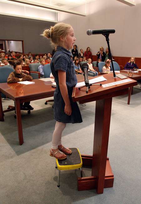 The attorney for "Curly Pig," Brynn Wilson, asks a witness questions as 2nd District Judge Thomas Kay conducts a mock trial with third grade students from Endeavour Elementary, Tuesday, March 20, 2012. (Photo: Ravell Call, Deseret News)