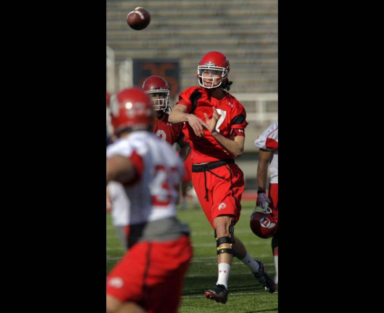 Utah Utes quarterbacks Travis Wilson (7) throws in the first spring football practice in Salt Lake City Tuesday, March 20, 2012. (Jeffrey D. Allred, Deseret News)