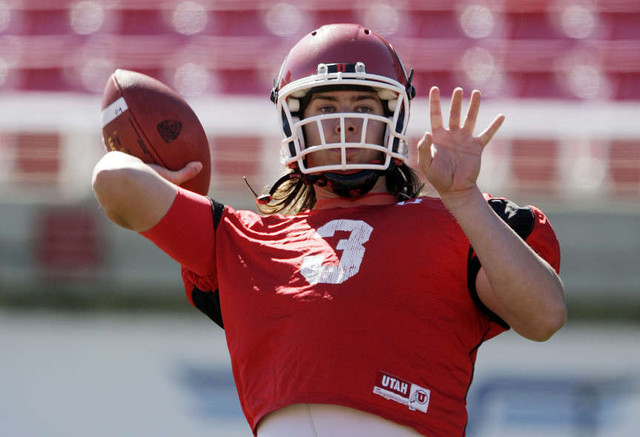 Utah Utes quarterback Jordan Wynn (3) throws in the first spring football practice in Salt Lake City Tuesday, March 20, 2012. (Jeffrey D. Allred, Deseret News)