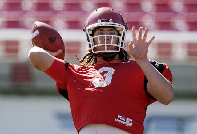 Utah Utes quarterback Jordan Wynn (3) throws in the first spring football practice in Salt Lake City Tuesday, March 20, 2012. (Jeffrey D. Allred, Deseret News)