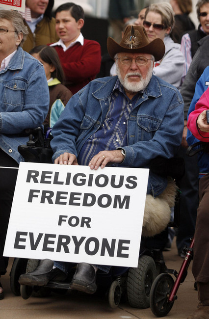 Gael Thayn attends the Stand Up for Religious Freedom Rally in front of the Matheson Courthouse in Salt Lake City on Friday, March 23, 2012. (Kristin Murphy, Deseret News)