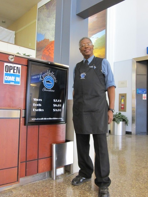 Familiar to frequent fliers, JC "Shine" Wilson has shined shoes for nearly 22 years in the Salt Lake International Airport and has served customers like Colin Powell and the King of Tonga. (Photo: Crystalee Beck)