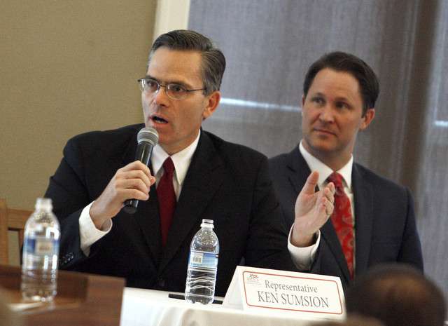 Republican Women of Utah Valley host the 2012 Republican gubernatorial debate in South Jordan on Wednesday, April 11, 2012. Ken Sumsion makes a point as Morgan Philpot listens. Participants included: Ken Sumsion, Morgan Philpot, Gov. Gary Herbert, William Skokos, David Kirkham and Lane Ronno.