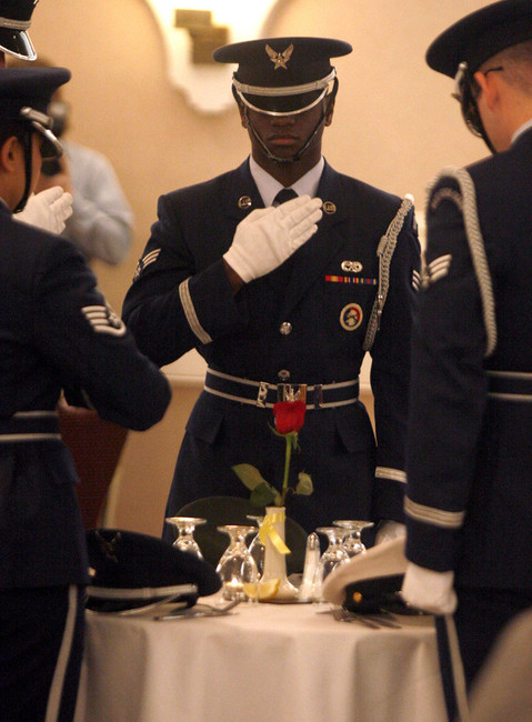 The Hill Air Force Base Honor Guard honors those missing in action during the Missing Man Ceremony at a VA luncheon honoring former prisoners of war and those missing in action at the Salt Lake Airport Hilton in Salt Lake City on Friday, April 13, 2012. (Photo: Kristin Murphy, Deseret News)