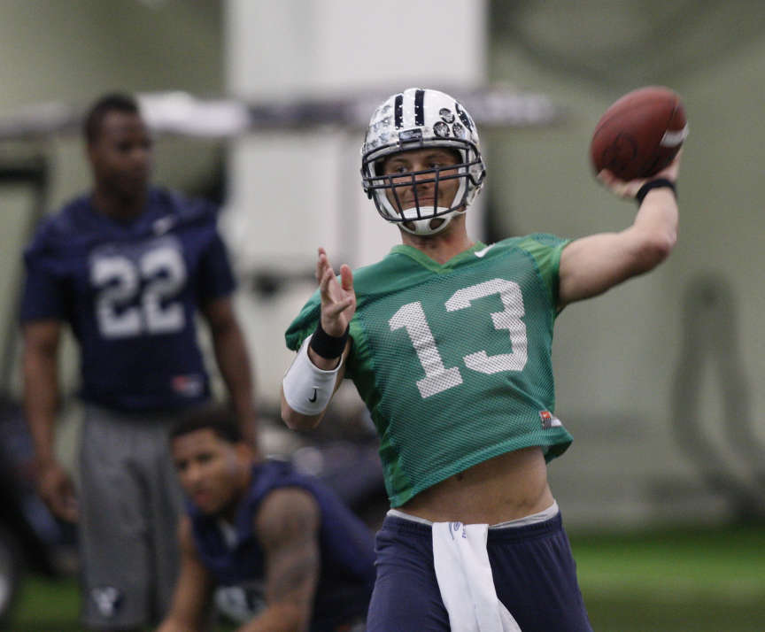 Riley Nelson during BYU football practice Monday, March 26, 2012, in Provo, Utah. (Tom Smart, Deseret News)