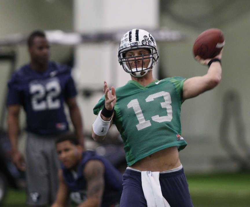 Riley Nelson during BYU football practice Monday, March 26, 2012, in Provo, Utah. (Tom Smart, Deseret News)