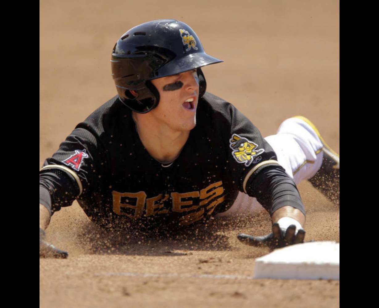 Salt Lake Bees center fielder Mike Trout beats the throw to third base in Salt Lake City Sunday, April 15, 2012. (Jeffrey D. Allred, Deseret News)