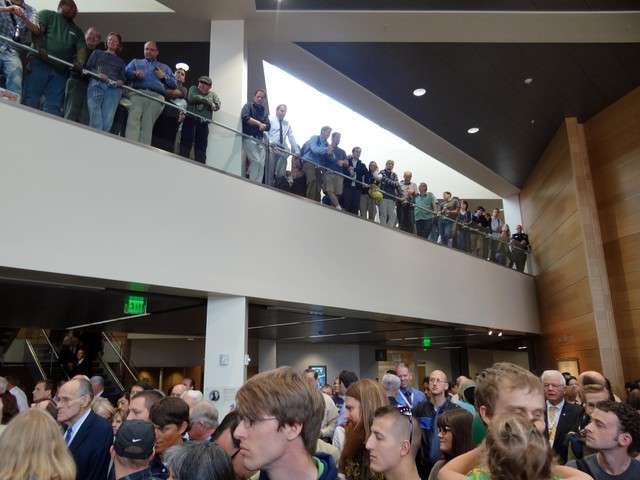 Students gather to watch dignitaries cut the ribbon during Utah Valley University's grand opening celebrating UVU's new science building Friday, April 20, 2012. (Photo: Sam Penrod, KSL News)