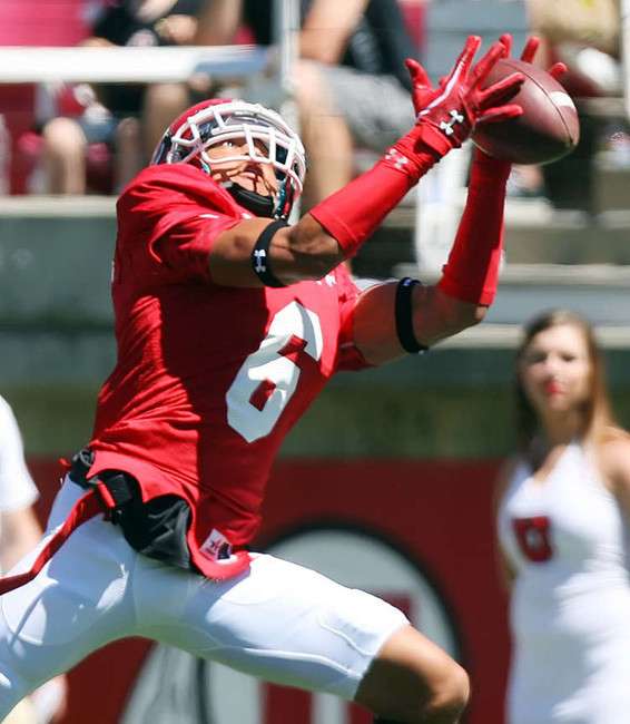 Red's #6 Dres Anderson makes a long catch for a touchdown during the Utah football Red & White Spring Game Saturday, April 21, 2012 at Rice Eccles Stadium. (Scott G Winterton, Deseret News)