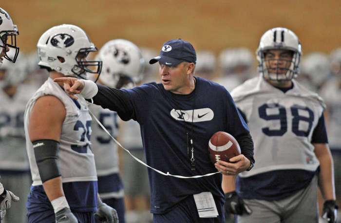 Bronco Medenhall on BYU's first day of spring
football practice Monday. (Tom Smart/Deseret
News)