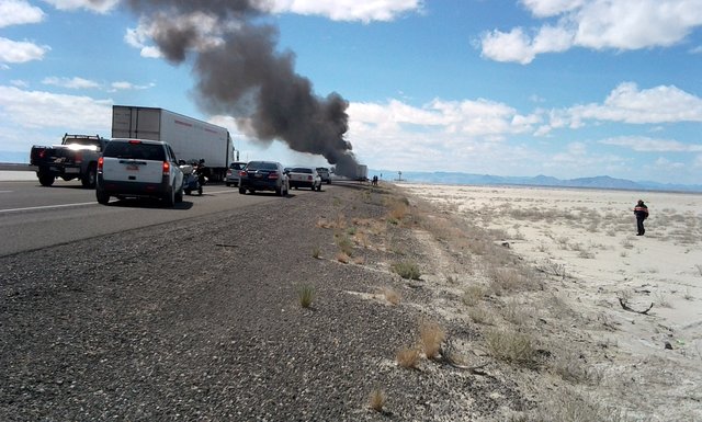 Semi trailer catches fire along I-80