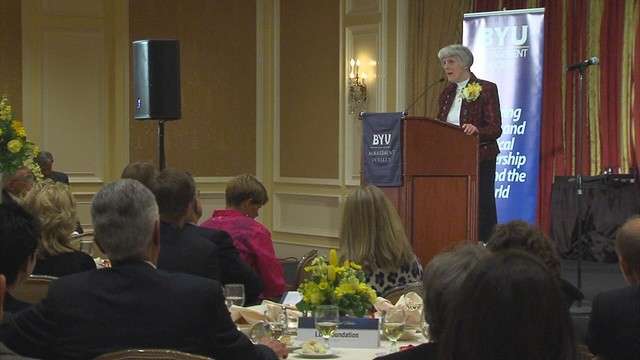 Pamela Atkinson addresses crowd at the Little American in Salt Lake City Thursday night after being awarded the BYU Management Society's Distinguished Utahn award.
